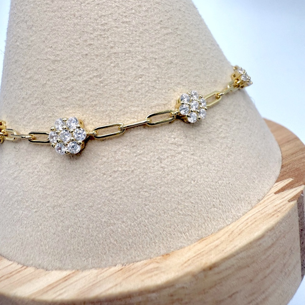 7” Gold Plated over .925 Sterling Silver Cz Flower Bracelet - Picture 7 of 16